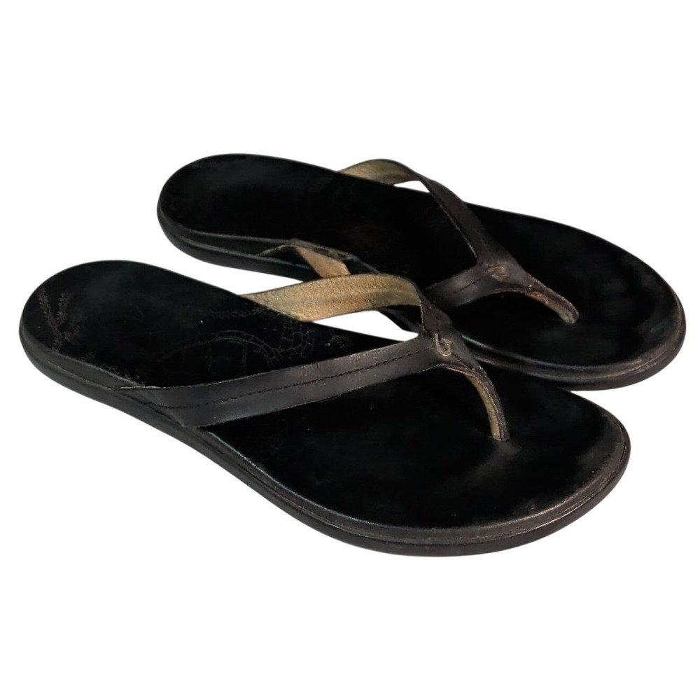 OluKai Honu Flip Flop Sandals Womens Size 7 Black Leather Beach Hawaii Hawaiian